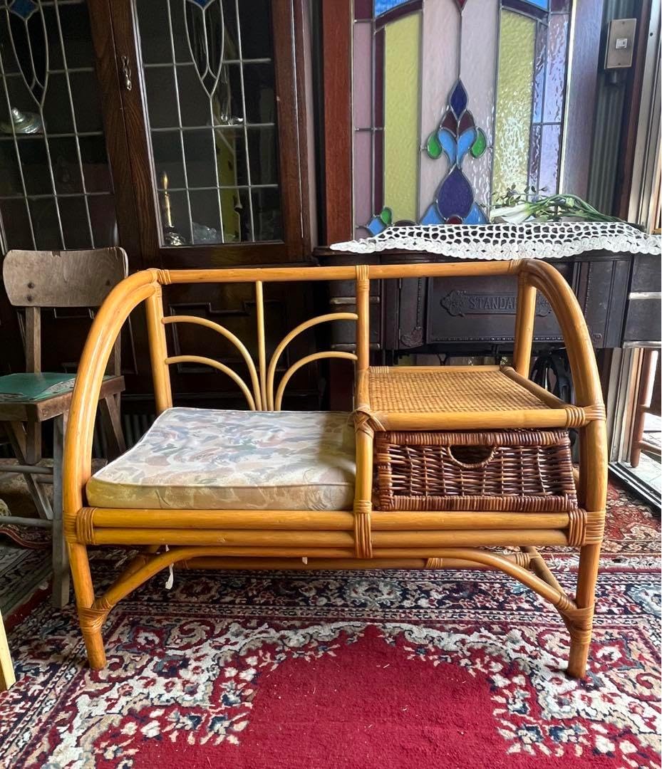 藤家具 ラタン テレフォンべンチ 椅子 テーブル付き 昭和レトロ 藤家具 藤家具 ラタン テレフォンべンチ 椅子 テーブル付き 昭和レトロ 藤家具